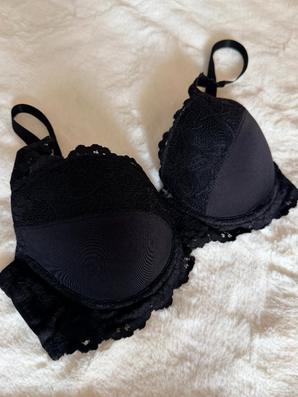 Chic Black Floral Scalloped Lace Demi Balconette Underwire Bra Coquette 34B